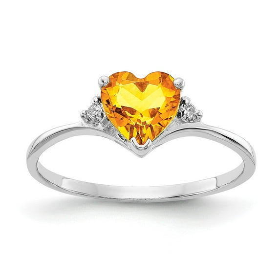 Solid 14k White Gold 6mm Heart Citrine Yellow November Gemstone Diamond Engagement Ring Size 5.5 (.03 cttw.)