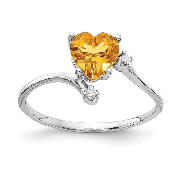 Solid 14k White Gold 6mm Heart Citrine Yellow November Gemstone VS Diamond Engagement Ring Size 7 (.016 cttw.)