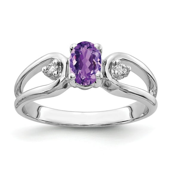 Solid 14k White Gold 6x4mm Oval Amethyst Purple February Gemstone Checker VS Diamond Engagement Ring Size 5 (.034 cttw.)