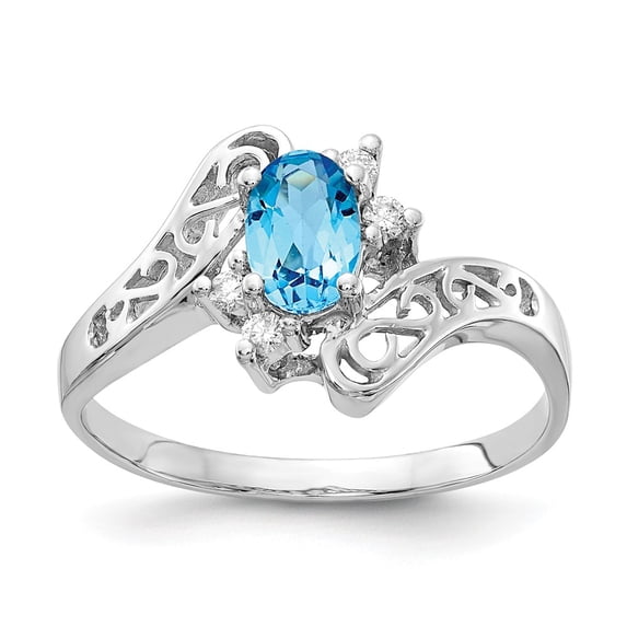 Solid 14k White Gold 6x4mm Oval Blue Topaz Diamond Engagement Ring Size 7.5 (.06 cttw.)