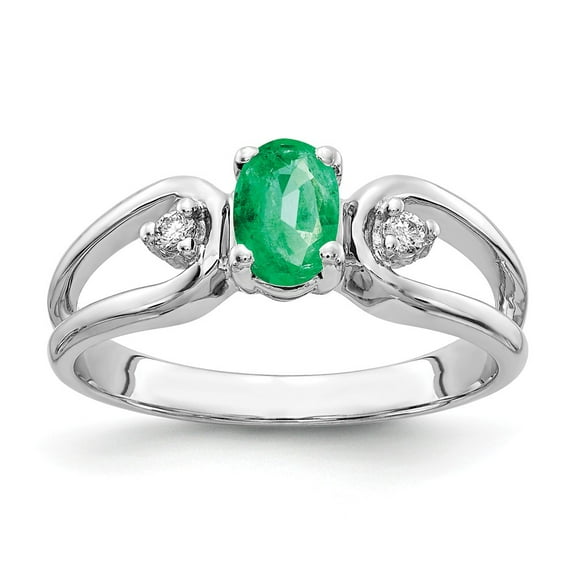 Solid 14k White Gold 6x4mm Oval Emerald Green May Gemstone Diamond Engagement Ring Size 6 (.034 cttw.)