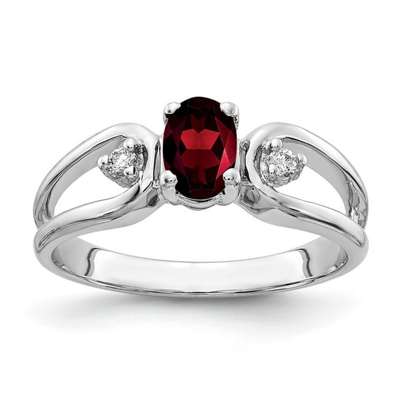 Solid 14k White Gold 6x4mm Oval Garnet January Red Gemstone Checker Diamond Engagement Ring Size 7.5 (.034 cttw.)