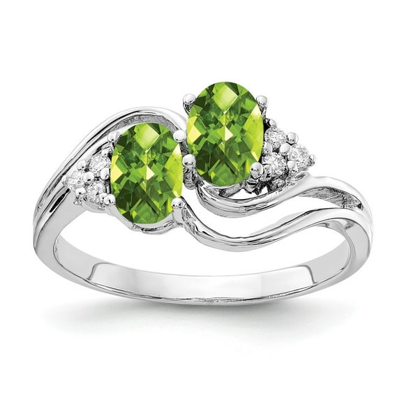 Solid 14k White Gold 6x4mm Oval Peridot Green August Gemstone Checker Diamond Engagement Ring Size 6.5 (.048 cttw.)