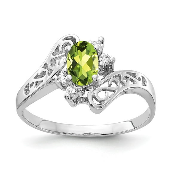 Solid 14k White Gold 6x4mm Oval Peridot Green August Gemstone VS Diamond Engagement Ring Size 7.5 (.06 cttw.)