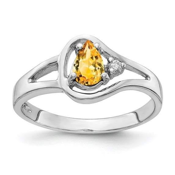 Solid 14k White Gold 6x4mm Pear Citrine Yellow November Gemstone Diamond Engagement Ring Size 8.5 (.017 cttw.)