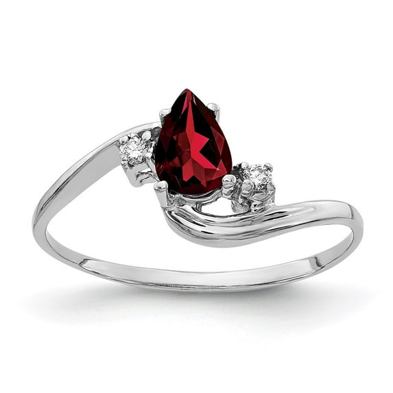 Solid 14k White Gold 6x4mm Pear Garnet January Red Gemstone Checker Diamond Engagement Ring Size 5 (.03 cttw.)