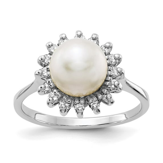 Solid 14k White Gold 7.5mm Freshwater Cultured Pearl VS Diamond Ring Band Size 8 (.24 cttw.)