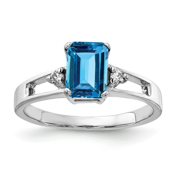Solid 14k White Gold 7x5mm Emerald Cut Blue Topaz Diamond Engagement Ring Size 6.5 (.04 cttw.)