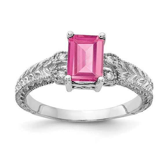 Solid 14k White Gold 7x5mm Emerald Cut Pink Tourmaline October Gemstone Diamond Engagement Ring Size 9
