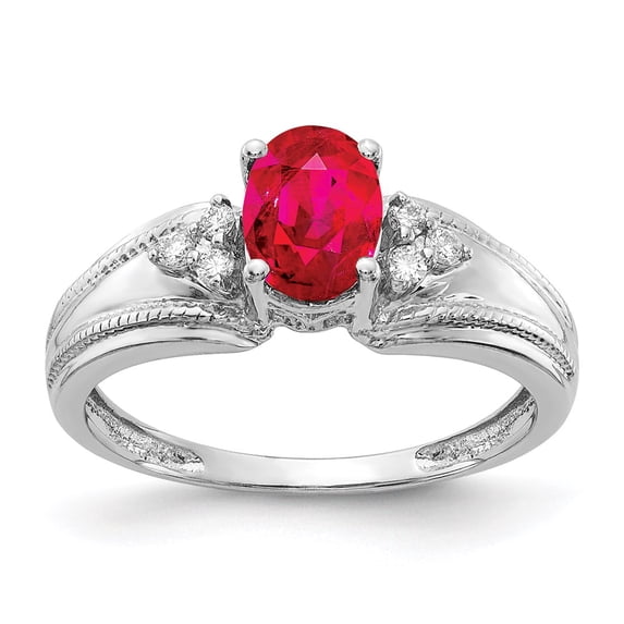 Solid 14k White Gold 7x5mm Oval Ruby VS Diamond Engagement Ring Size 8 (.072 cttw.)