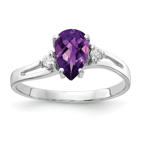 Solid 14k White Gold 7x5mm Pear Amethyst Purple February Gemstone Checker Diamond Engagement Ring Size 6 (.05 cttw.)