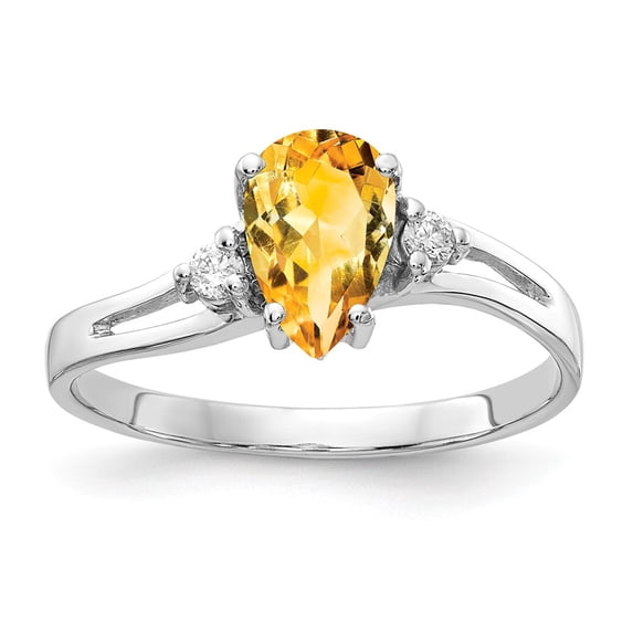 Solid 14k White Gold 7x5mm Pear Citrine Yellow November Gemstone Diamond Engagement Ring Size 8 (.05 cttw.)
