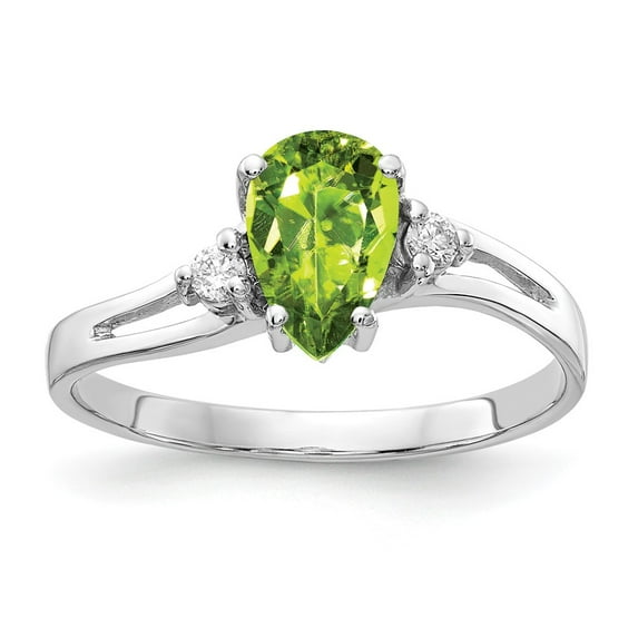 Solid 14k White Gold 7x5mm Pear Peridot Green August Gemstone Diamond Engagement Ring Size 5 (.05 cttw.)