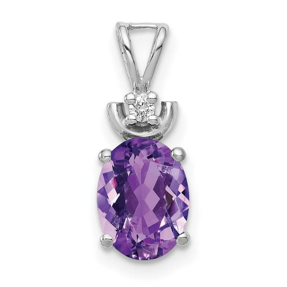 Solid 14k White Gold 8x6mm Oval Amethyst Purple February Gemstone Diamond Pendant Charm (.017 cttw.)