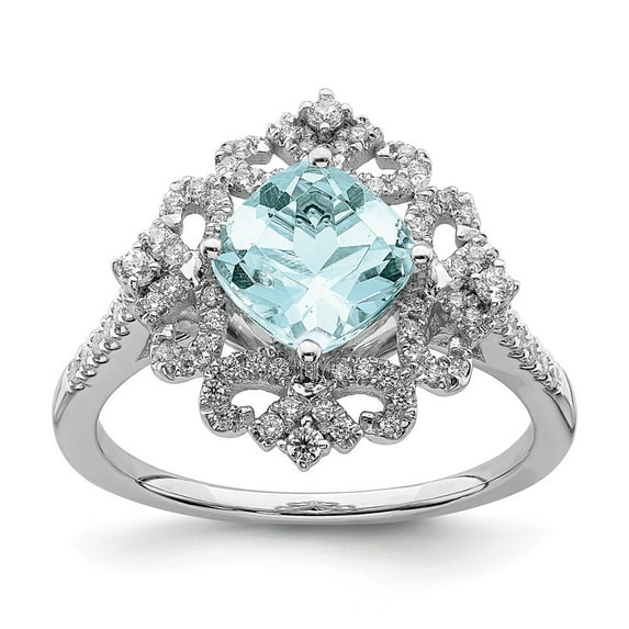 Solid 14k White Gold Aquamarine Vintage Diamond Halo Engagement Ring Size 6.5 (.316 cttw.)