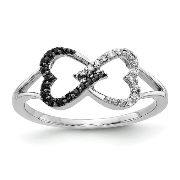Solid 14k White Gold Black and White Diamond Infinity Love Knot Symbol Heart Ring Band Size 7.5 (.151 cttw.)