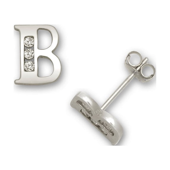 Solid 14k White Gold Channel-set (A-Z) Cubic Zirconia Letter Name Personalized Monogram Initial Stud Earrings (initial: