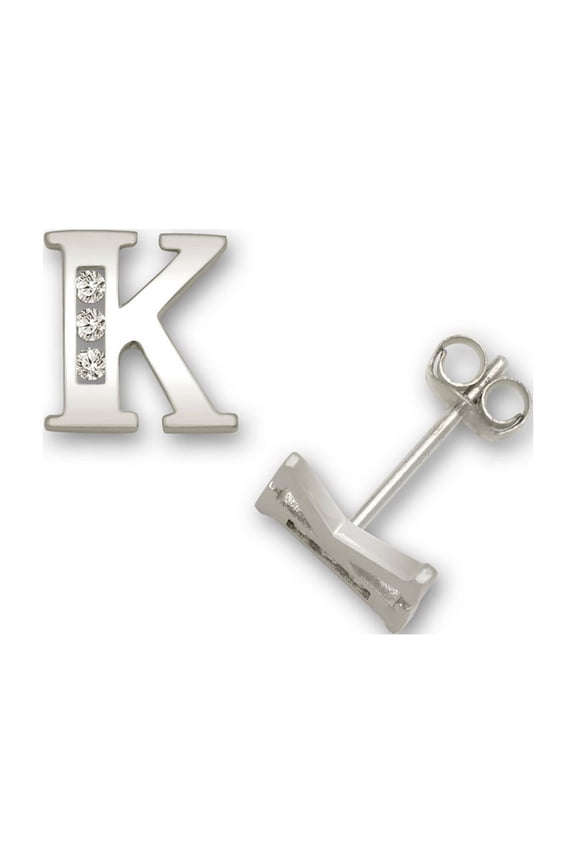 Solid 14k White Gold Channel-set (A-Z) Cubic Zirconia Letter Name Personalized Monogram Initial Stud Earrings (initial: