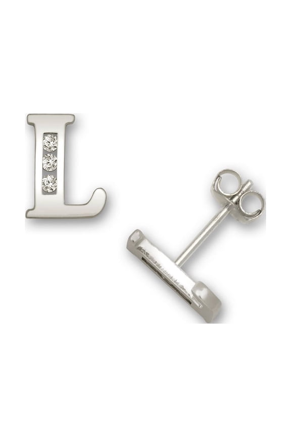 Solid 14k White Gold Channel set (A Z) Cubic Zirconia Letter Name Personalized Monogram Initial Stud Earrings (initial:
