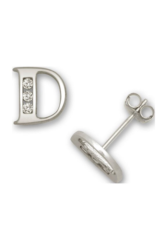 Solid 14k White Gold Channel set (A Z) Cubic Zirconia Letter Name Personalized Monogram Initial Stud Earrings (initial:
