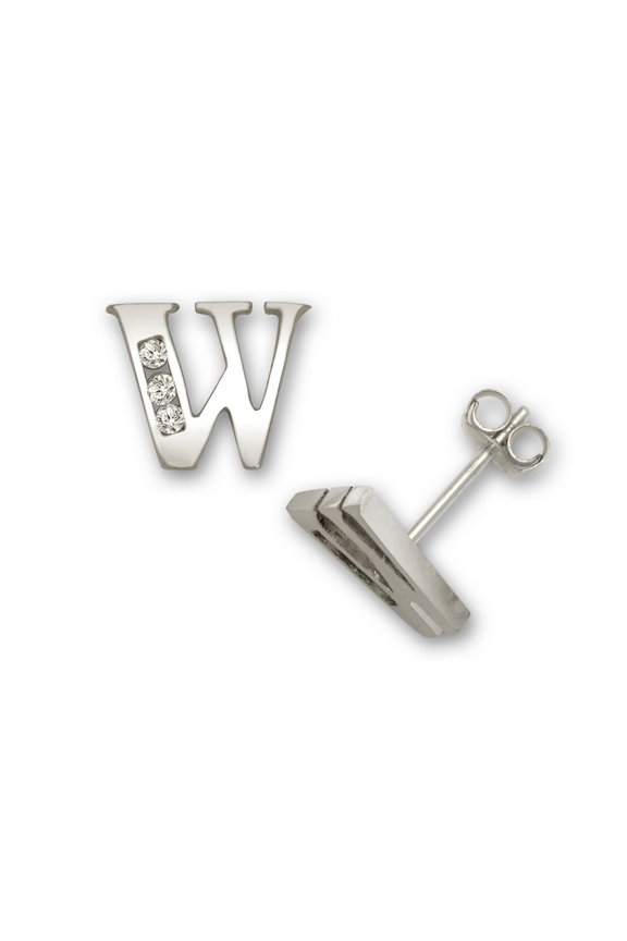 Solid 14k White Gold Channel-set (A-Z) Cubic Zirconia Letter Name Personalized Monogram Initial Stud Earrings (initial: