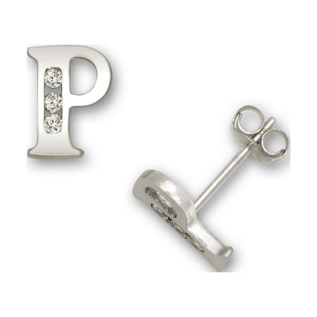 Solid 14k White Gold Channel-set (A-Z) Cubic Zirconia Letter Name Personalized Monogram Initial Stud Earrings (initial: