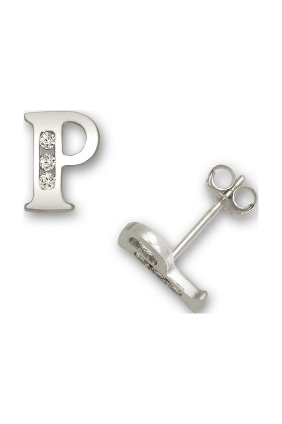 Solid 14k White Gold Channel-set (A-Z) Cubic Zirconia Letter Name Personalized Monogram Initial Stud Earrings (initial: