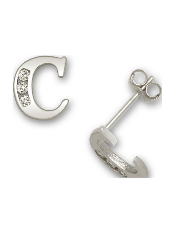 Solid 14k White Gold Channel-set (A-Z) Cubic Zirconia Letter Name Personalized Monogram Initial Stud Earrings (initial: