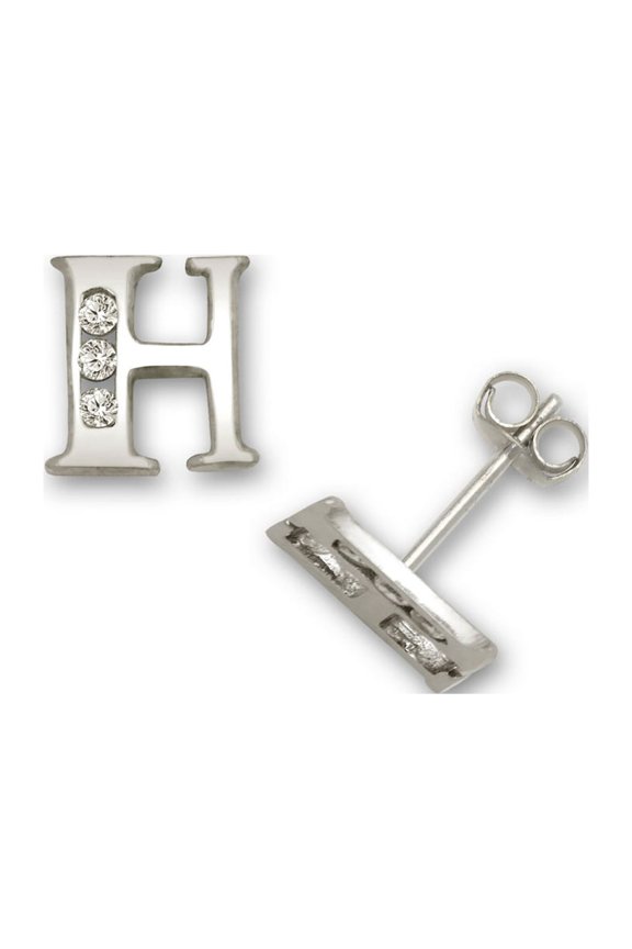 Solid 14k White Gold Channel set (A Z) Cubic Zirconia Letter Name Personalized Monogram Initial Stud Earrings (initial: