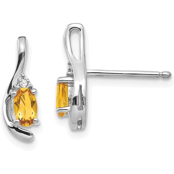 Solid 14k White Gold Citrine and Diamond Post Earrings - 14mm