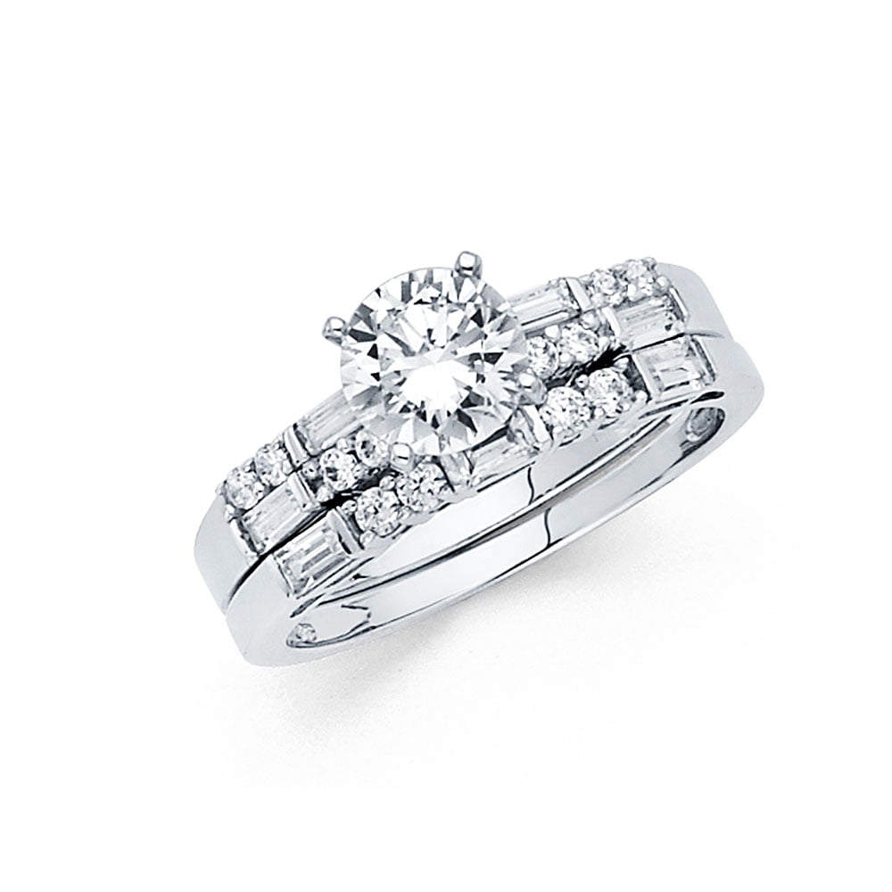Solid 14k White Gold Cubic Zirconia CZ Rd Wedding Band and Engagement ...
