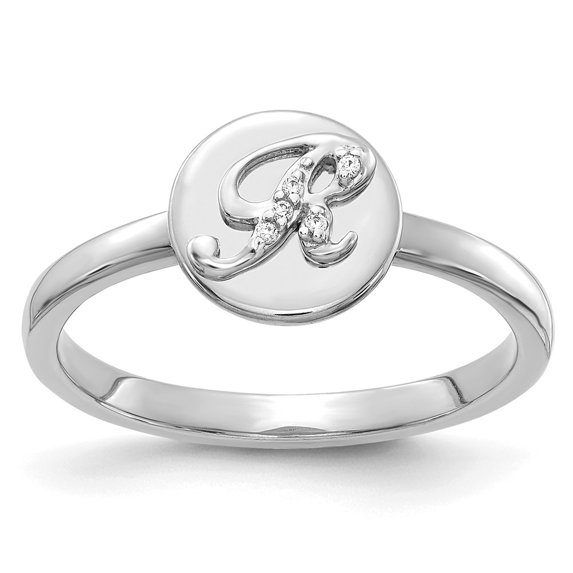 Solid 14k White Gold Diamond Initial Letter R Ring Band Size 8.5 (.015 cttw.)