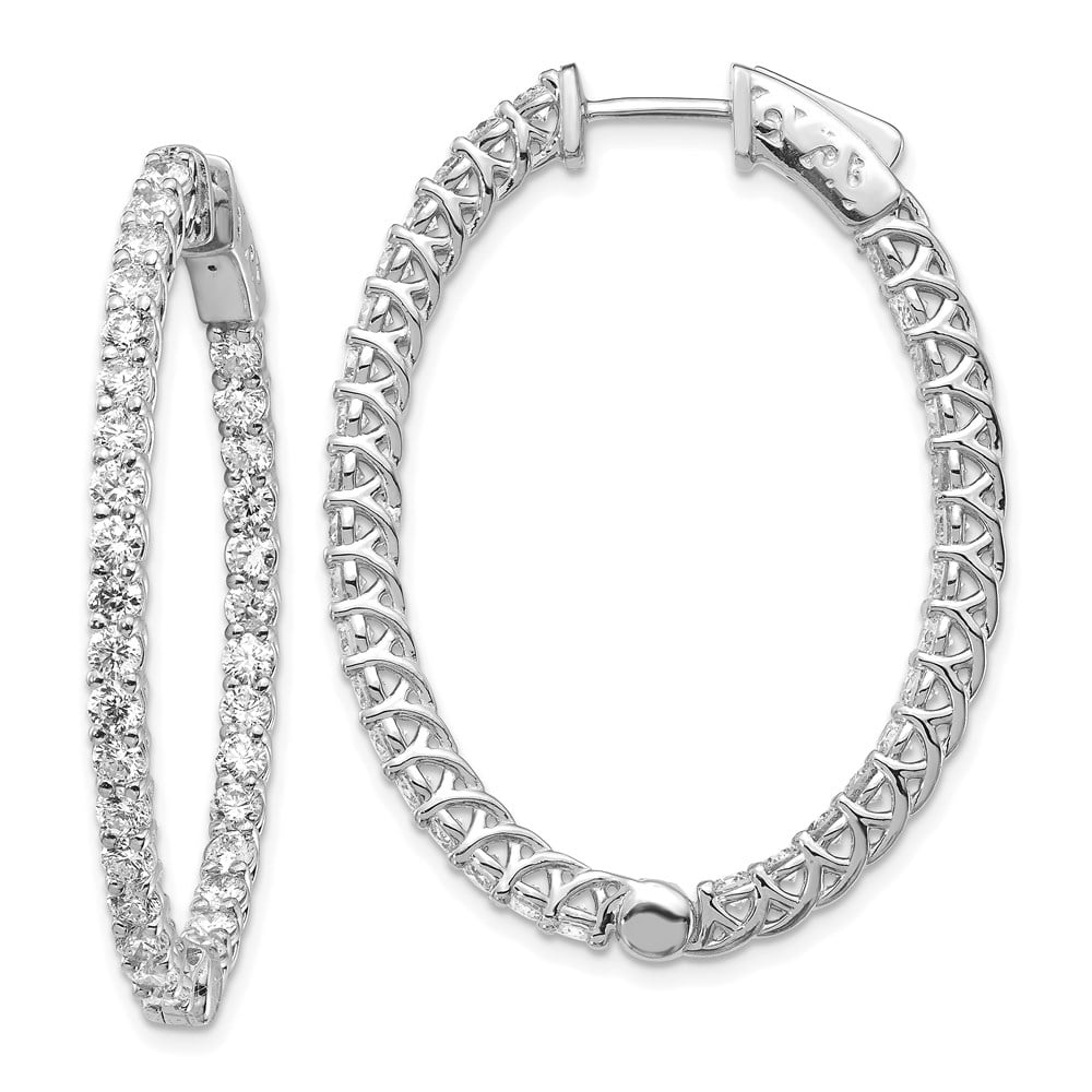 Solid 14k White Gold Diamond Oval Hoop Safety Clasp Earrings - 42mm x ...