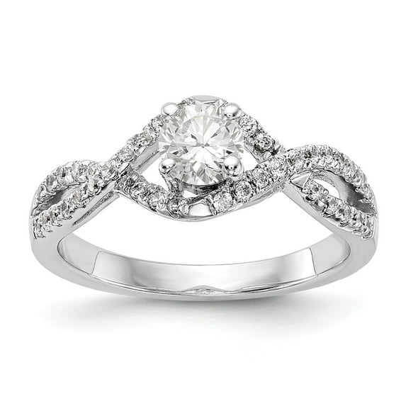 Solid 14k White Gold Diamond Round Diamond Side-Stones with CZ Cubic Zirconia Center Stone By-Pass Engagement Ring Size 5