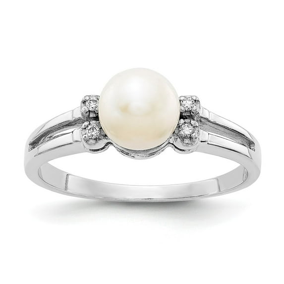 Solid 14k White Gold Diamond and Pearl Ring Band with CZ Cubic Zirconia Size 7.5 (Width = 2mm )