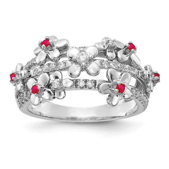 Solid 14k White Gold Diamond and Ruby Flower Engagement Ring Size 8.5 (.323 cttw.)