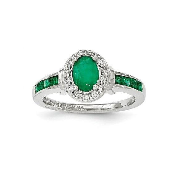Solid 14k White Gold Diamond and Simulated Emerald with Halo Ring - Size 4.5