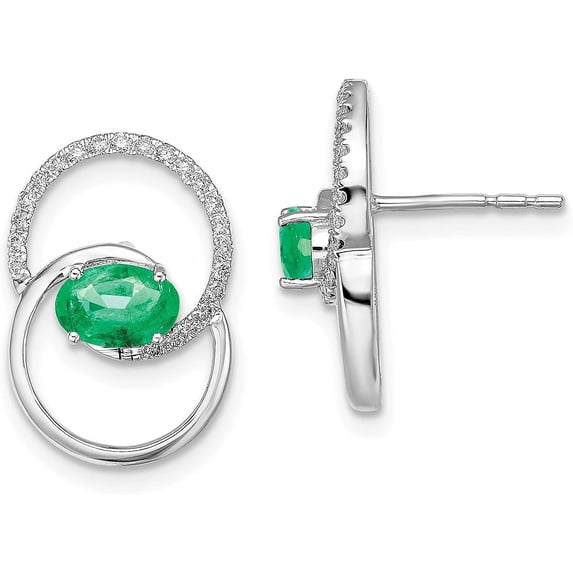Solid 14k White Gold Double Circle Emerald/Diamond Post Earrings