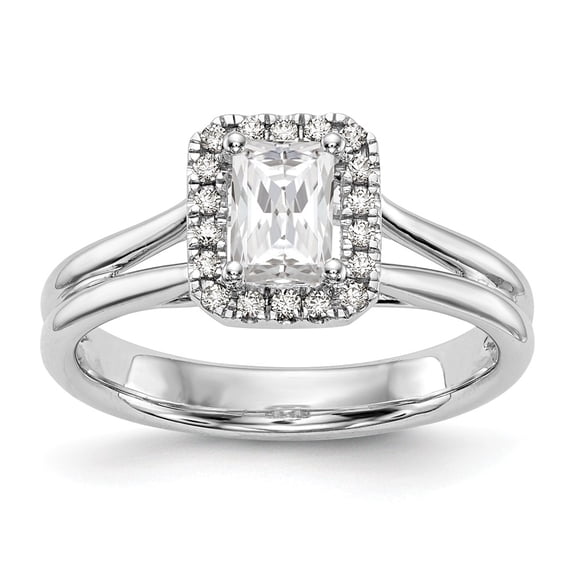 Solid 14k White Gold Emerald Halo Diamond Side-Stones with CZ Cubic Zirconia Center Stone Split Shank Engagement Ring Size 8