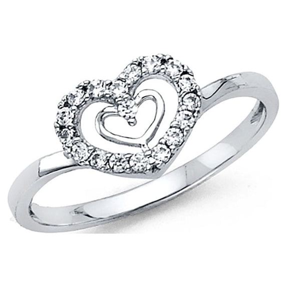 Solid 14k White Gold Heart n Heart Ring CZ Love Band Right Hand Promise Ring Curve Stylish , Size 5