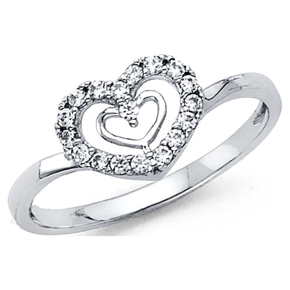 Solid 14k White Gold Heart n Heart Ring CZ Love Band Right Hand Promise Ring Curve Stylish , Size 7.5