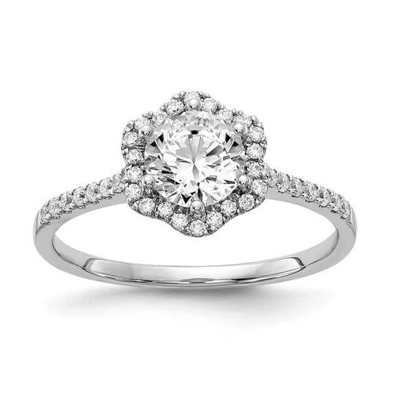 Solid 14k White Gold Hexagon Halo Diamond Side-Stones with CZ Cubic Zirconia Center Stone Engagement Ring Size 6.5