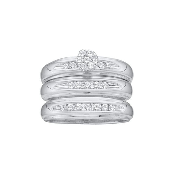 Solid 14k White Gold His and Hers Round Diamond Cluster Matching Couple Three Rings Bridal Engagement Ring Wedding Bands Set 1/3 Ct. - (L = 6, M = 11.5)