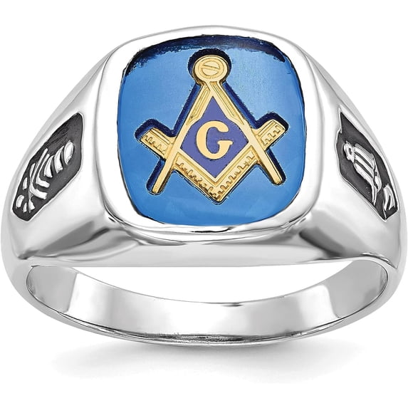 Solid 14k White Gold Men's Polished and Grooved with Black Enamel and Imitation Blue Spinel Masonic Ring - Ring Size 9.0