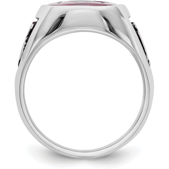Solid 14k White Gold Men's Polished and Textured with Black Enamel and Lab Created Ruby Masonic Ring - Ring Size 10.0