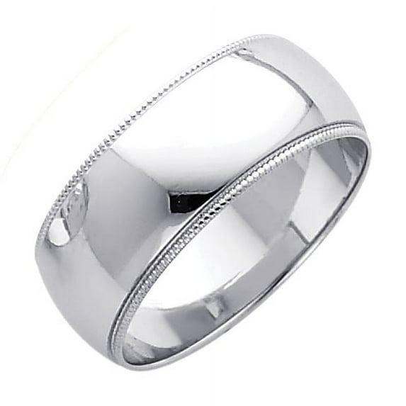 Solid 14k White Gold Milgrain Wedding Band Plain Ring Heavy Polished Finish Regular Fit, 8 mm Size 5.5