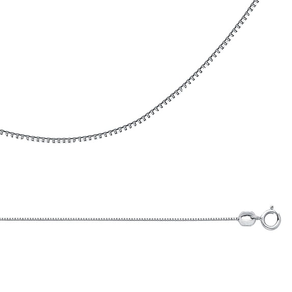 Solid 14k White Gold Necklace Box Chain Plain Square Links Polished Finish Thin Style 0.6 mm 18 inch