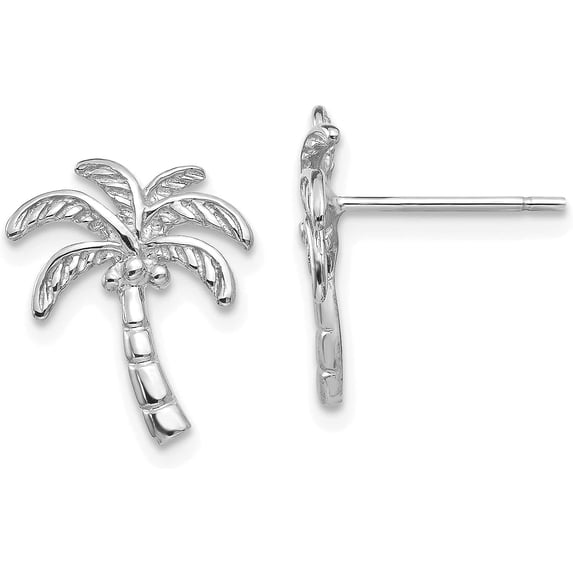 Solid 14k White Gold Palm Tree Post Earrings - 14mm