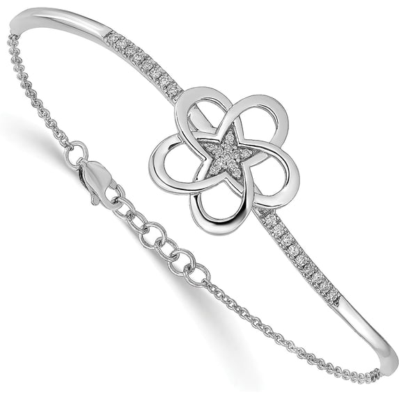 Solid 14k White Gold Polished Diamond Flower Bar 7in w/.5 ext Bracelet - 7" Natural Diamonds