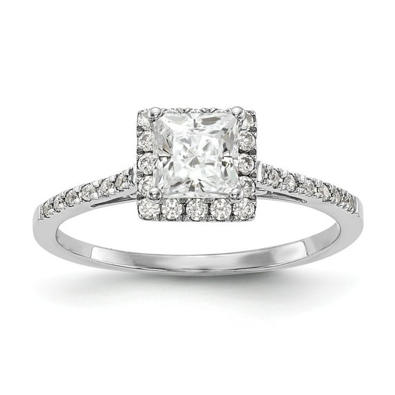 Solid 14k White Gold Princess Halo Diamond Side-Stones with CZ Cubic Zirconia Center Stone Engagement Ring Size 8